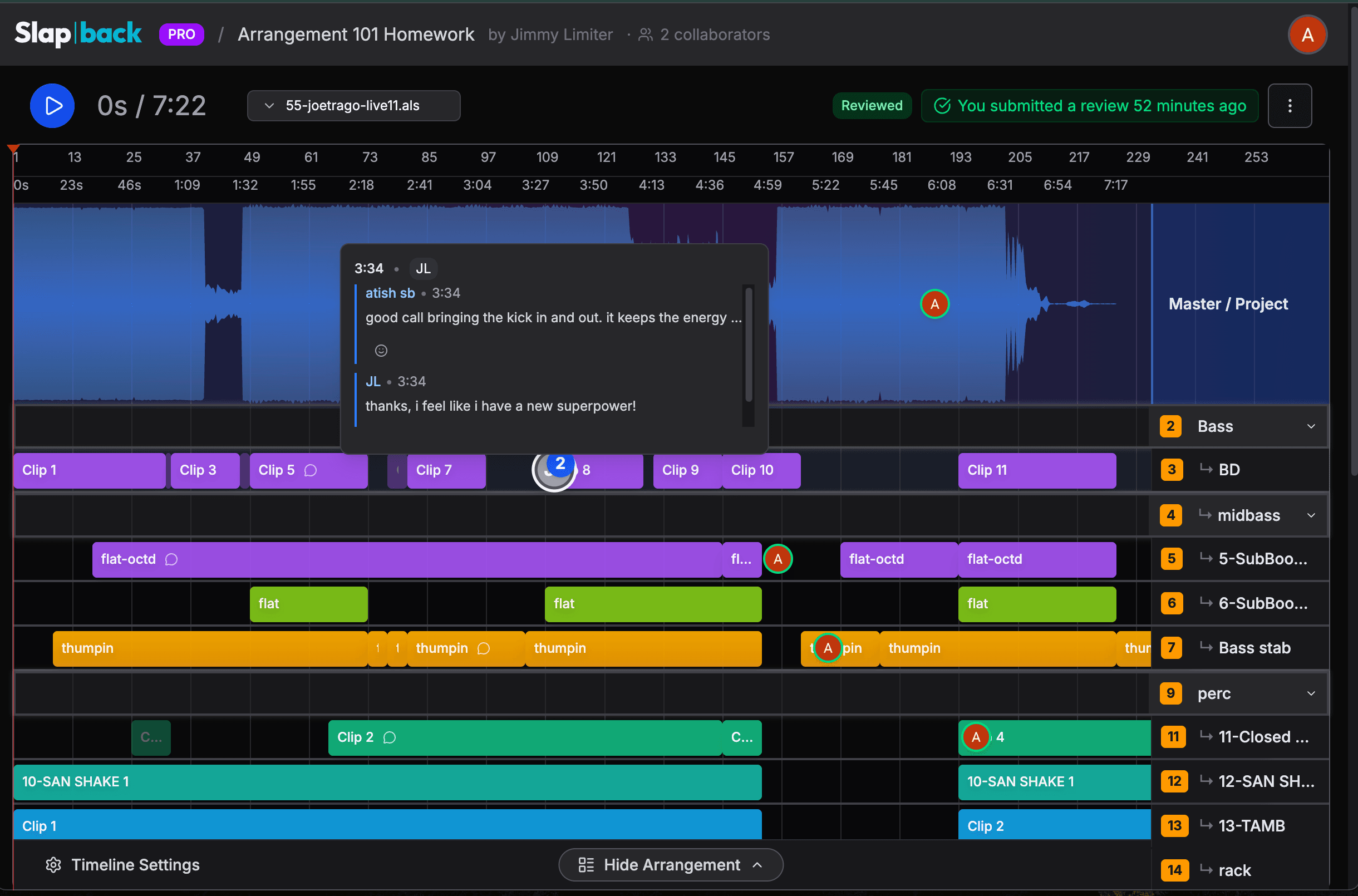 A student's Ableton session rendered in the browser — every track and clip visible, with an instructor's timestamped comment thread pinned to a moment in the arrangement