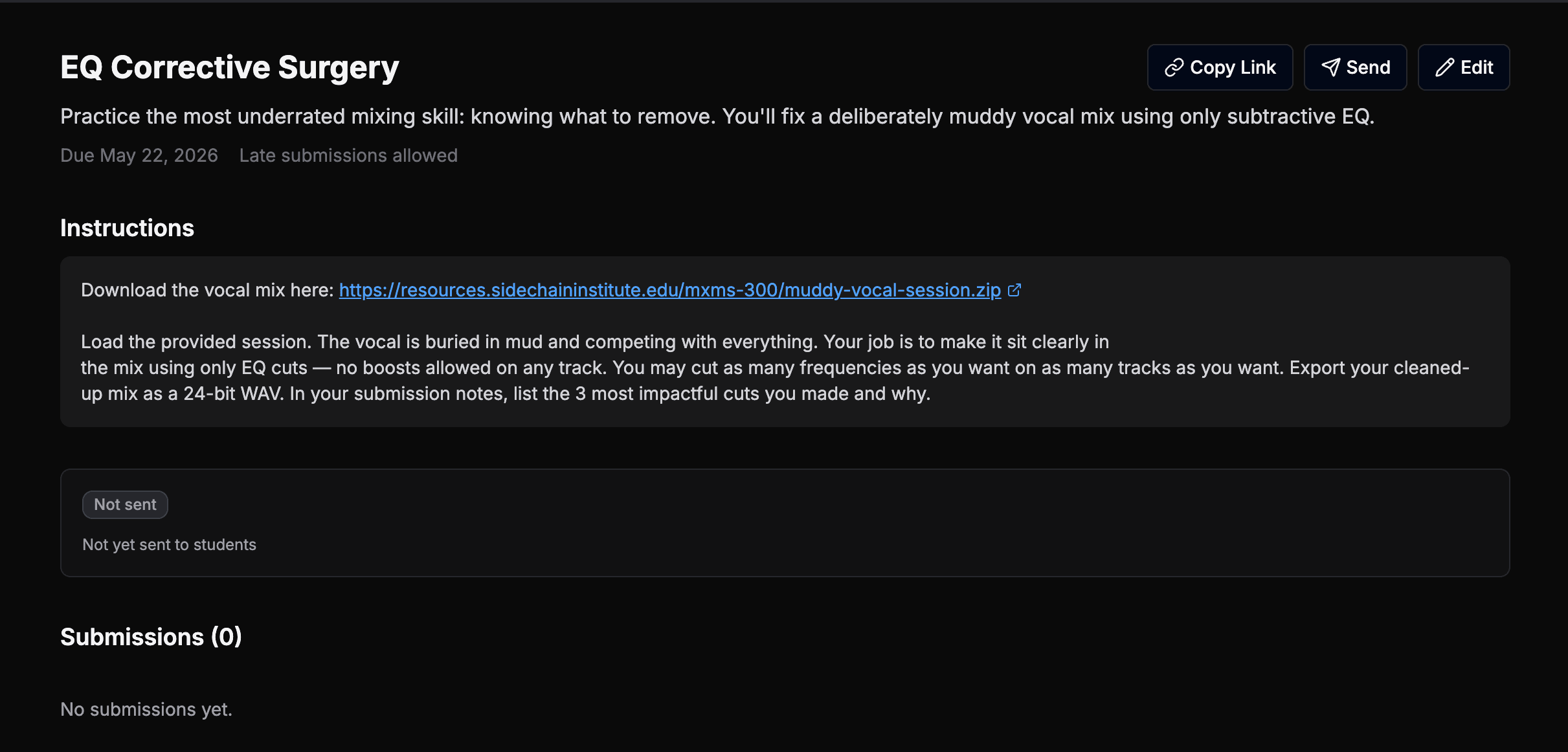 An assignment with instructions, due date, and a link to the session files, ready to send to enrolled students