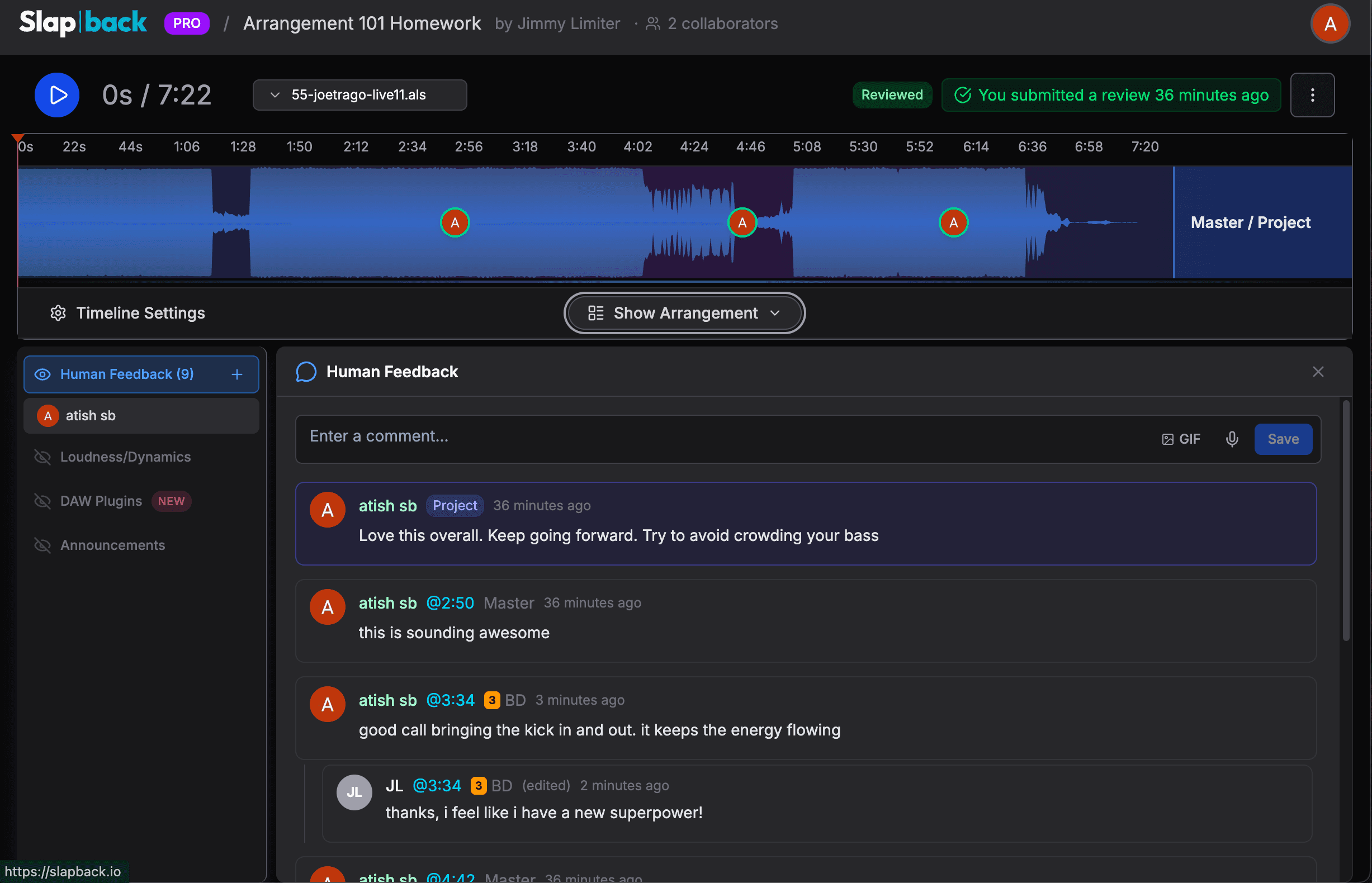 A feedback panel showing instructor comments pinned to specific tracks and timestamps, with a student reply