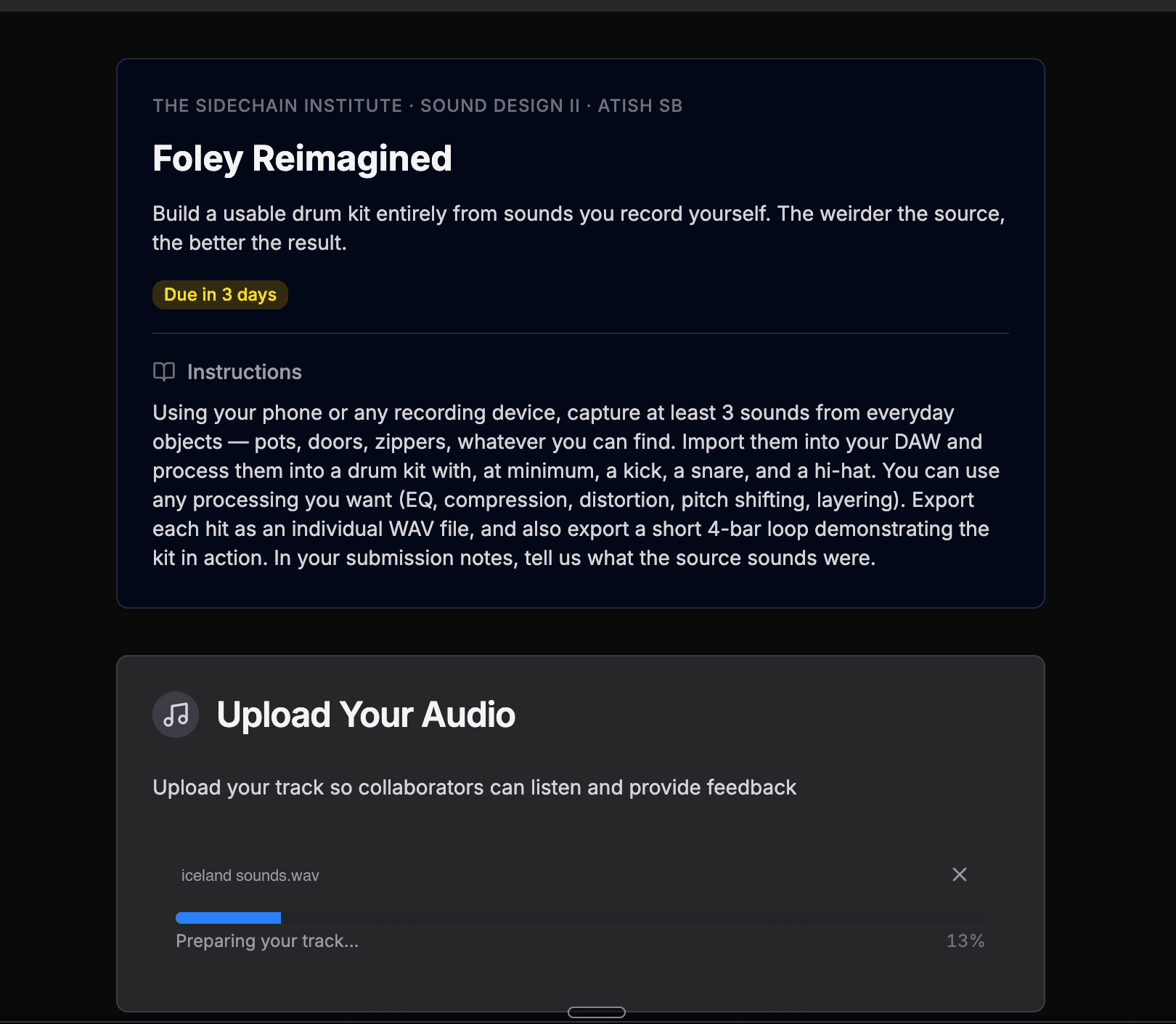 A student's view of an assignment with the audio upload in progress