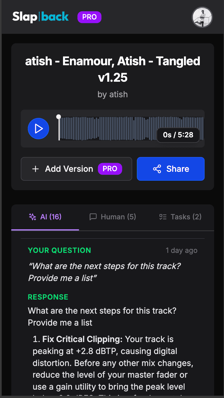 Slapback project overview with AI feedback tab showing custom question and actionable production notes