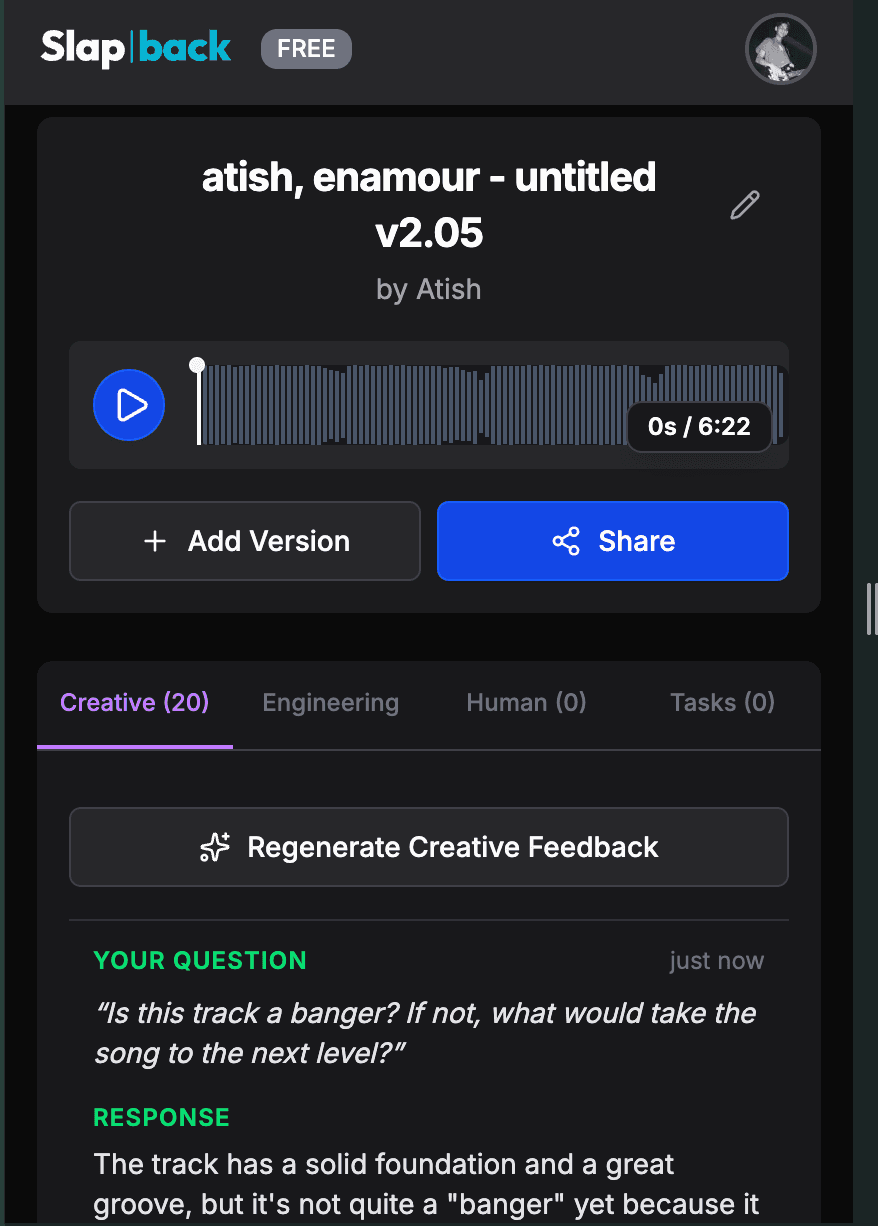Creative Feedback on mobile: a custom question answered with actionable next steps for the track