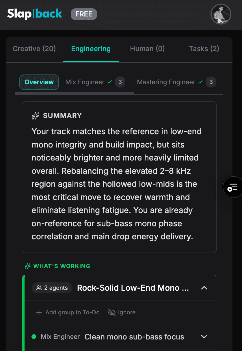 Engineering feedback on mobile: mix and mastering engineer summary with what is working and what to try