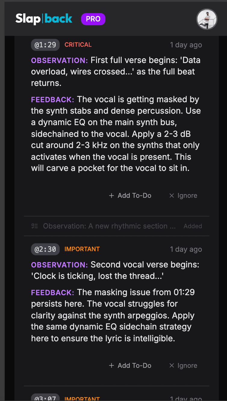 Timestamped AI feedback with severity tags and actionable mixing advice