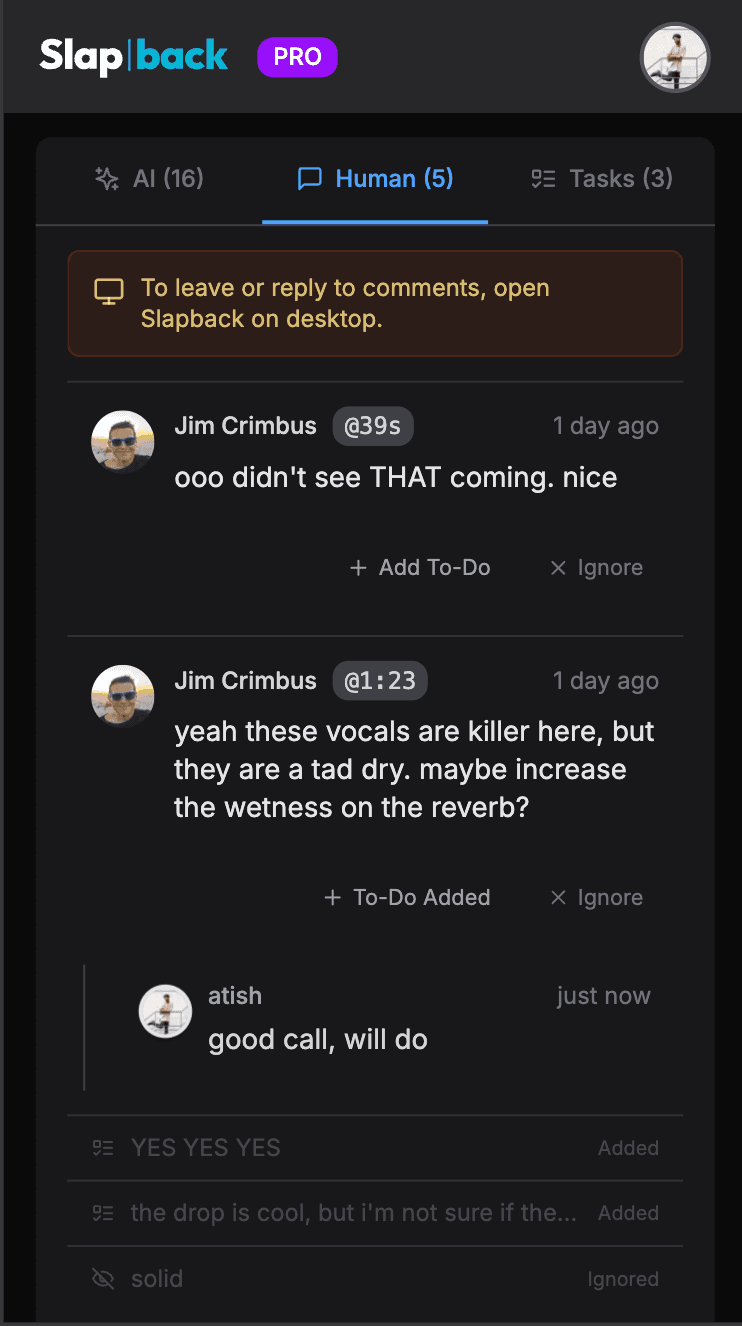 Human collaborator comments with timestamps and reply threads