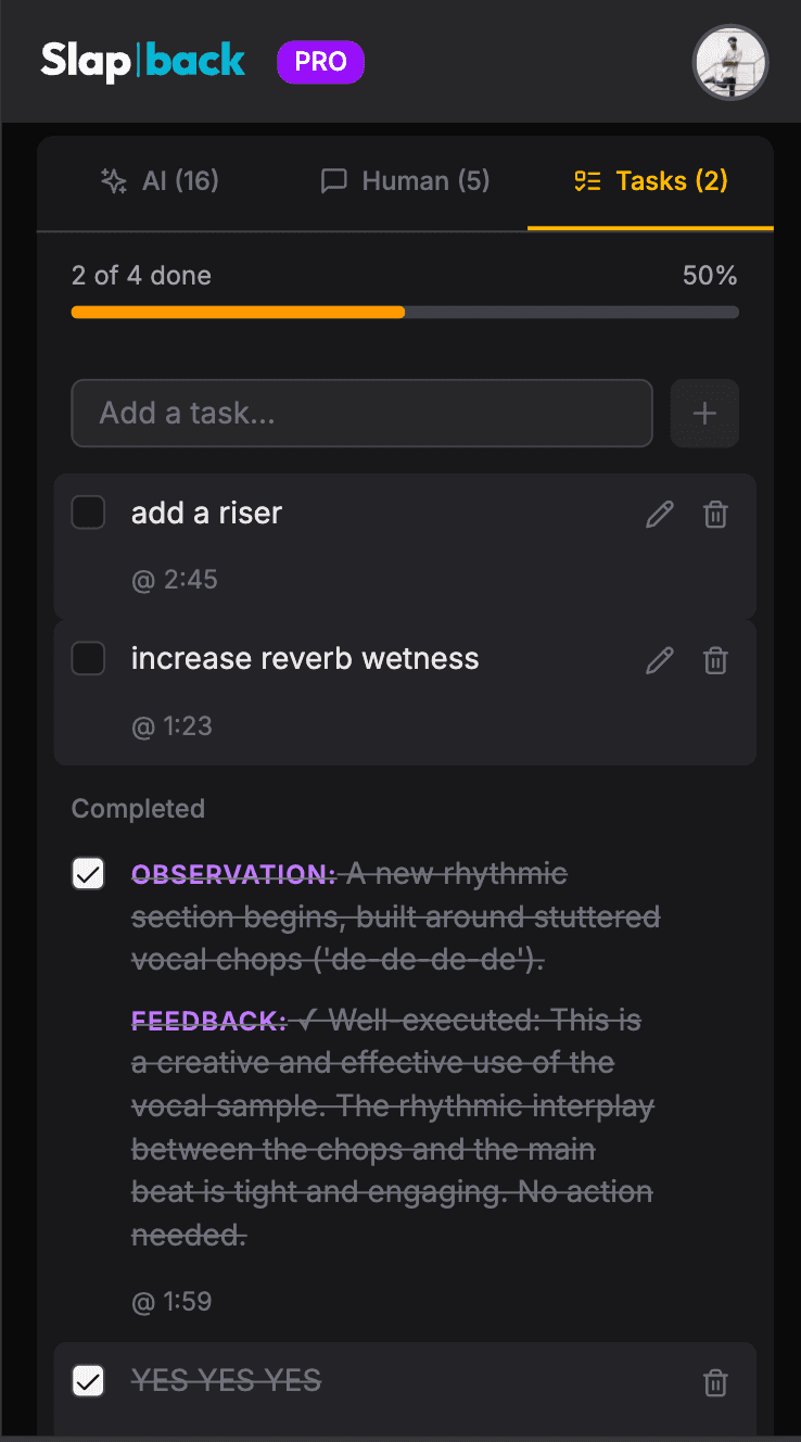 Task list with progress tracking showing completed and pending items