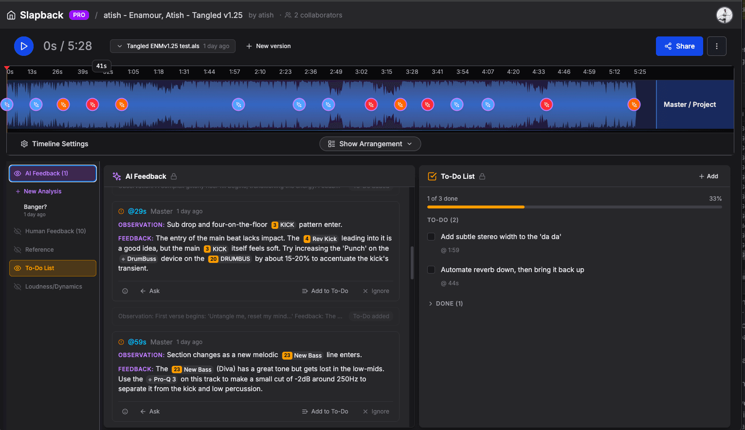 AI feedback with timestamped production insights and actionable to-do list