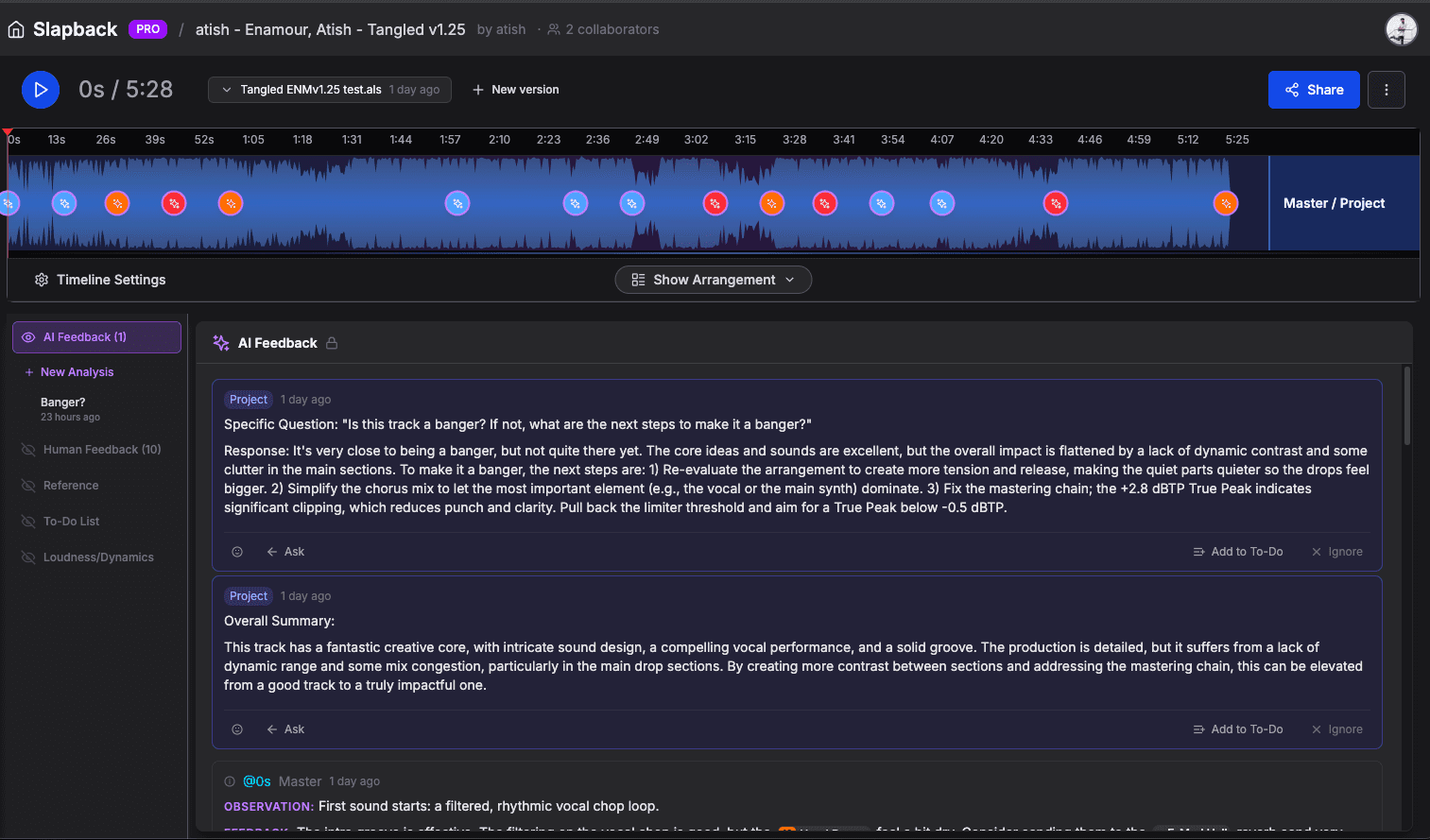 Detailed AI analysis with overall summary and timestamped production feedback