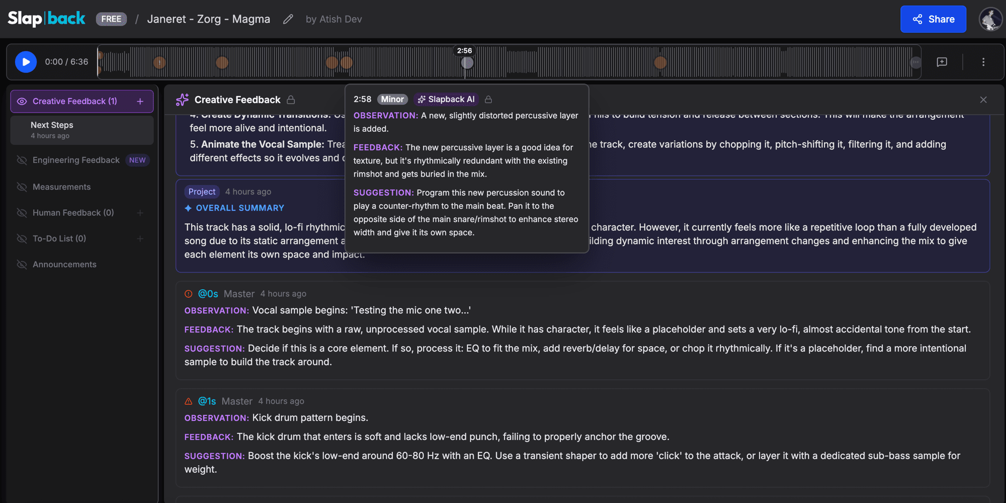 Creative feedback in the full project view: timestamped notes on arrangement, sound design, and vibe